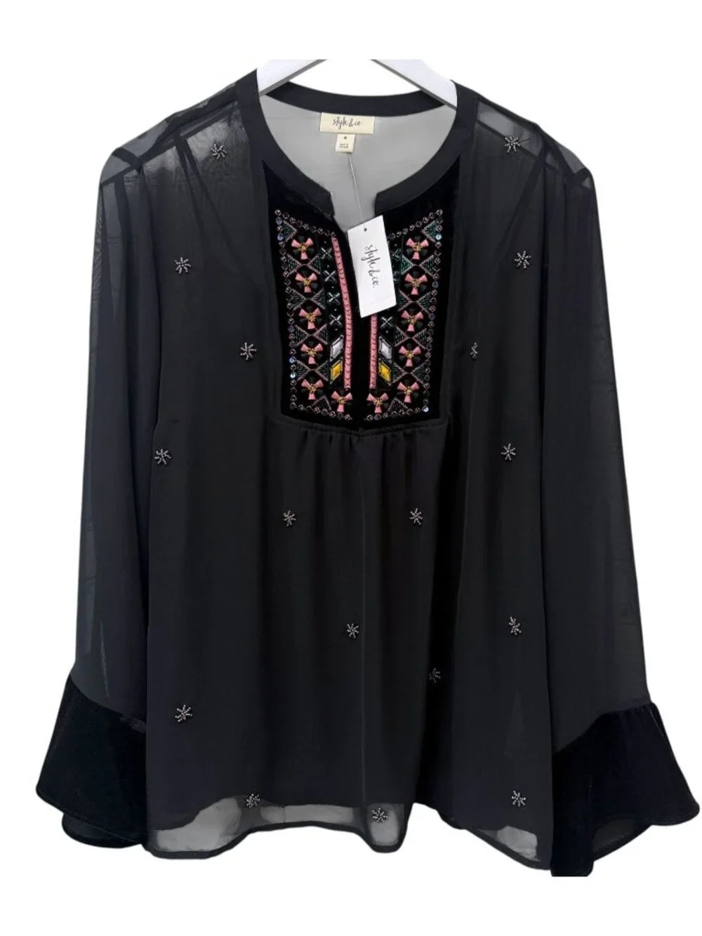 Style & Co Boho Blouse Size Medium Black Embroidered Chiffon Womens Top NWT - Picture 1 of 11